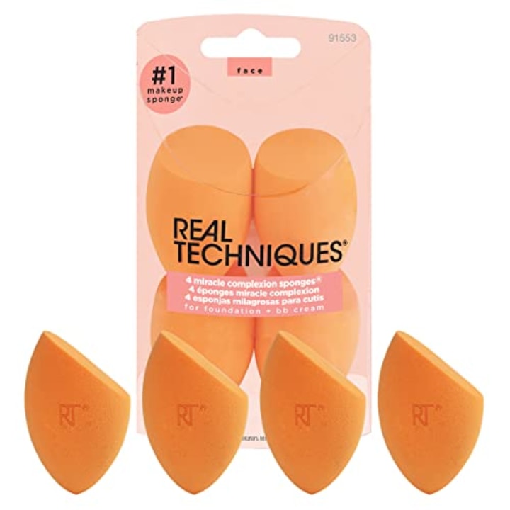 Real Techniques Miracle Complexion Sponge, Makeup Blender for Liquid and Cream Foundation, Full Coverage, Streak-Free Professional Makeup Tool, Cruelty Free, Vegan, Latex Free, 4 Count