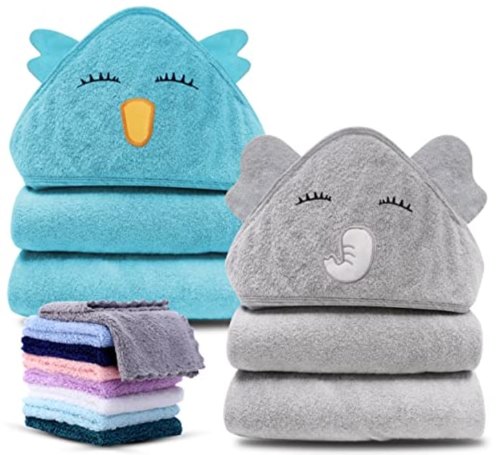 Momcozy Baby Bath Towel Bamboo Baby Hooded Towel Set of 4 Pack Ultra Soft Hypoallergenic and Super Absorbent for Newborns Babies Infants and Toddlers 1 Bath Towel+3 White Bamboo Washcloths 