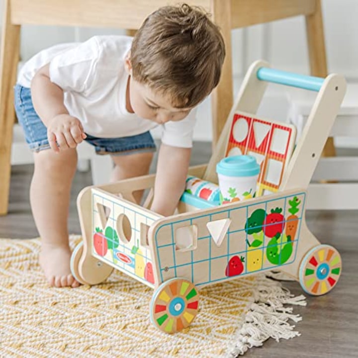 Melissa &amp; Doug Wooden Shape Sorting Grocery Cart Push Toy and Puzzles