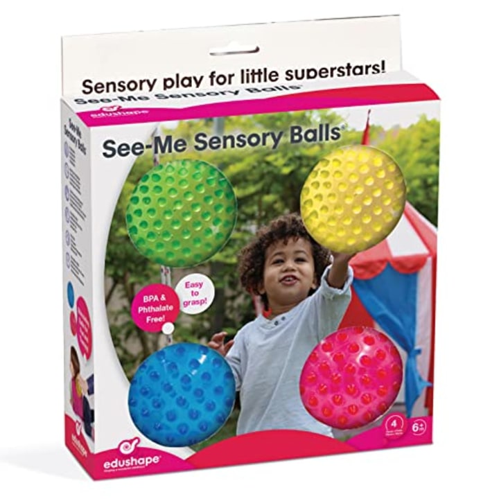 Edushape Sensory Balls for Baby - 4\" Transparent Color Baby Balls That Help Enhance Gross Motor Skills for Kids Aged 6 Months and Up - Pack of 4 Vibrant Colorful and Unique Textured Balls for Baby