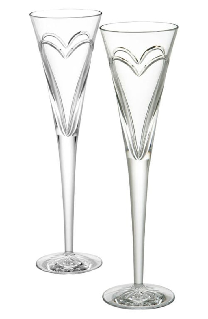 &#039;Wishes Love &amp; Romance&#039; Lead Crystal Champagne Flutes