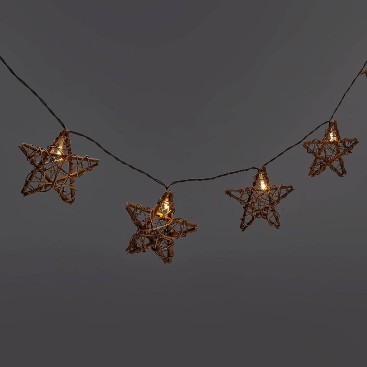 6&#039; 10ct Battery Operated LED Rattan Star Christmas String Lights Warm White with Brown Wire