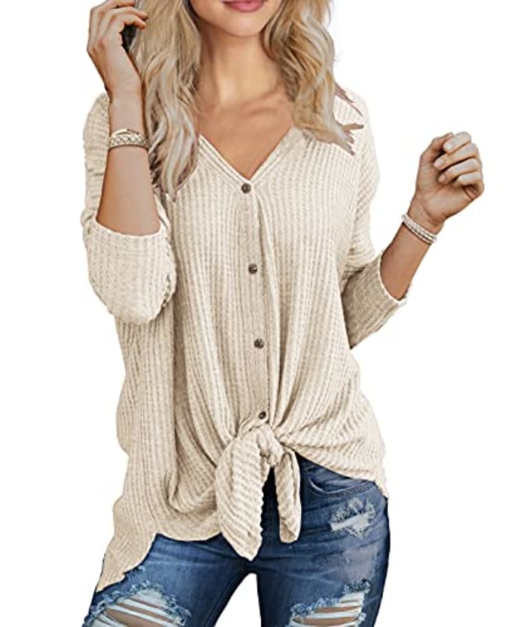 IWOLLENCE Womens Loose Henley Blouse Bat Wing Long Sleeve Button Down T Shirts Tie Front Knot Tops Oatmeal X-Large