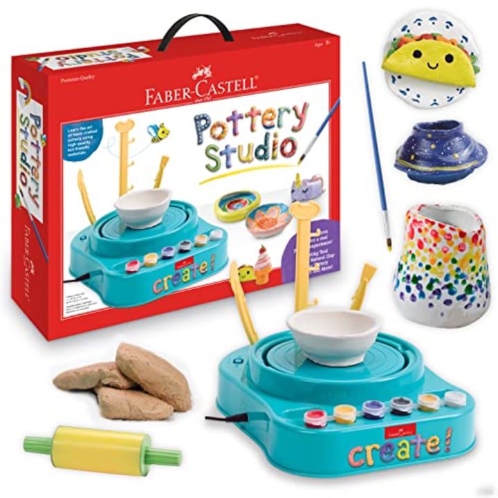 Faber-Castell Pottery Studio - Kids Pottery Wheel Kit for Ages 8+, Complete Pottery Wheel and Painting Kit for Beginners, 3 lbs of Sculpting Clay , Blue