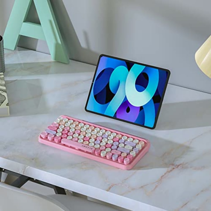 UBOTIE Portable Bluetooth Colorful Computer Keyboards, Wireless Mini Compact Retro Typewriter Flexible 84Keys Design Keyboard (Pink-Colorful)