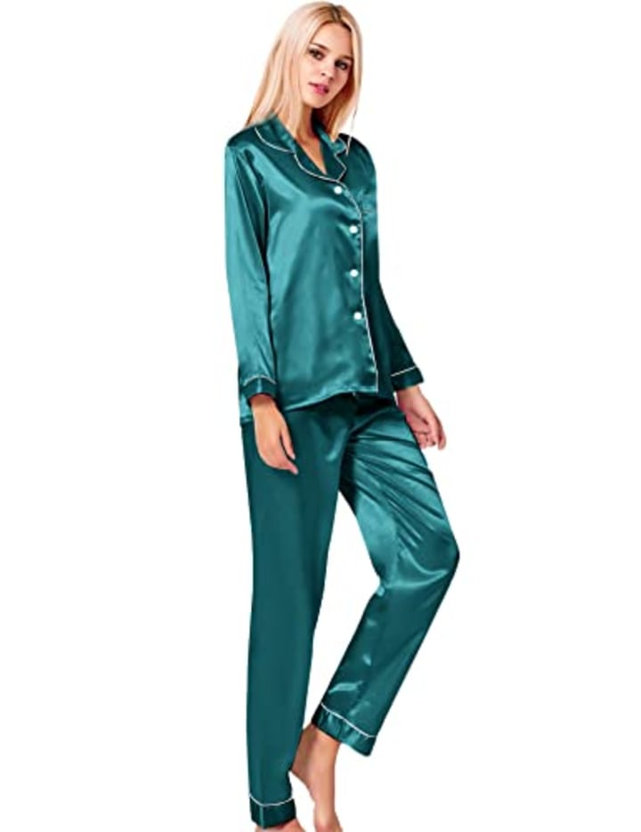 SWOMOG Womens Silk Satin Pajamas Set Button Down Sleepwear Loungewear Green