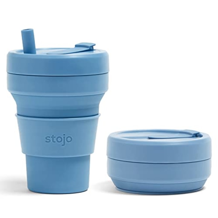 Stojo Collapsible Travel Cup With Straw - Steel Blue, 16oz / 470ml - Reusable To-Go Pocket Size Silicone Bottle for Hot and Cold Drinks - Perfect for Camping and Hiking - Microwave &amp; Dishwasher Safe