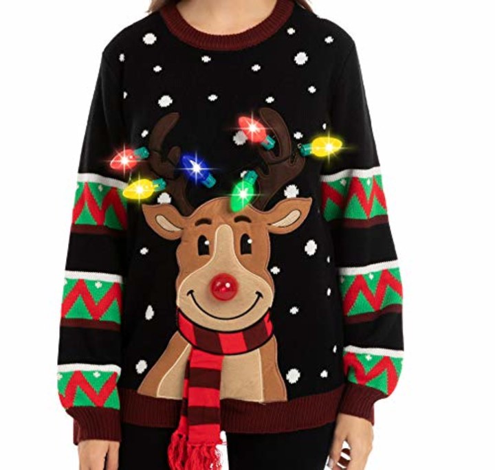 Womens LED Light Up Reindeer Ugly Christmas Sweater Built-in Light Bulbs (Red, Small)