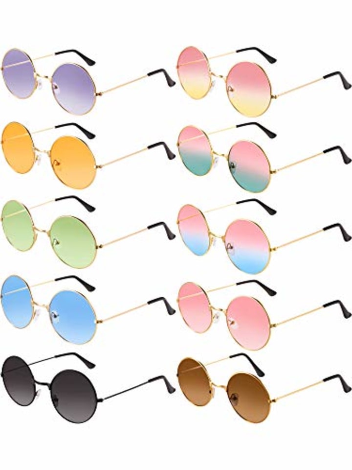10 Pairs Round Hippie Sunglasses Circle Colored Sunglasses 60&#039;s Style Glasses Circle Glasses for Women Men (Cute Colors)