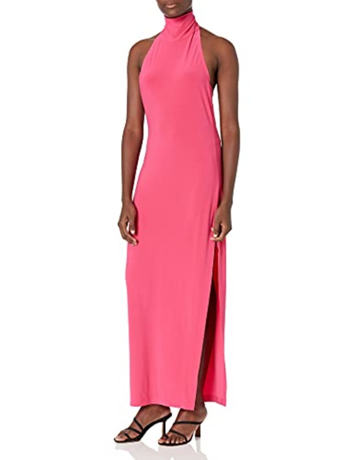 Norma Kamali womens Halter Turtle Side Slit Gown Cocktail Dress, Rose, Medium US