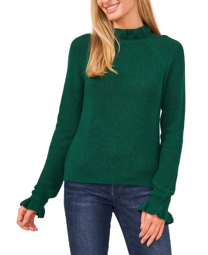 CeCe Cotton Ruffled Cuff Sweater