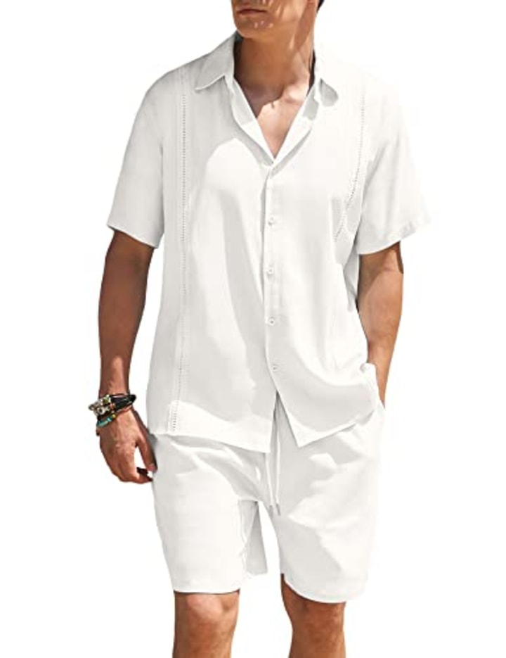 COOFANDY Men 2 Piece Linen Set Beach Guayabera Outfit Button Down Shirt and Short White
