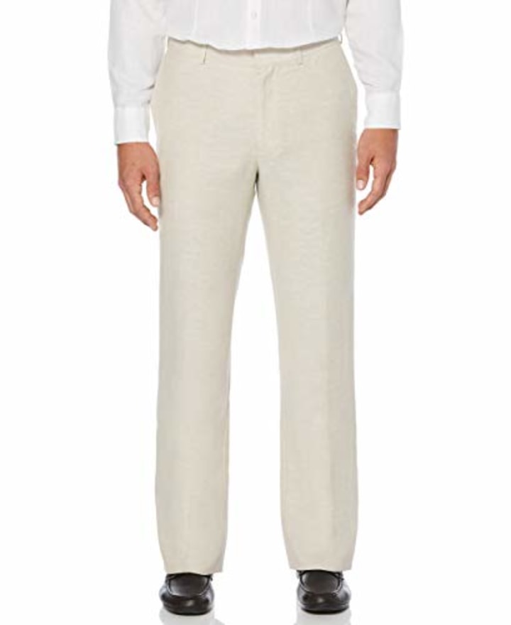 Cubavera mens Flat Front Linen Blend Dress Casual Pants, Khaki, 34W x 34L US