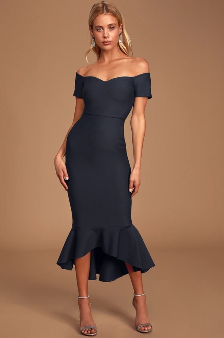 How Much I Care Midnight Blue Off-the-Shoulder Midi Dress