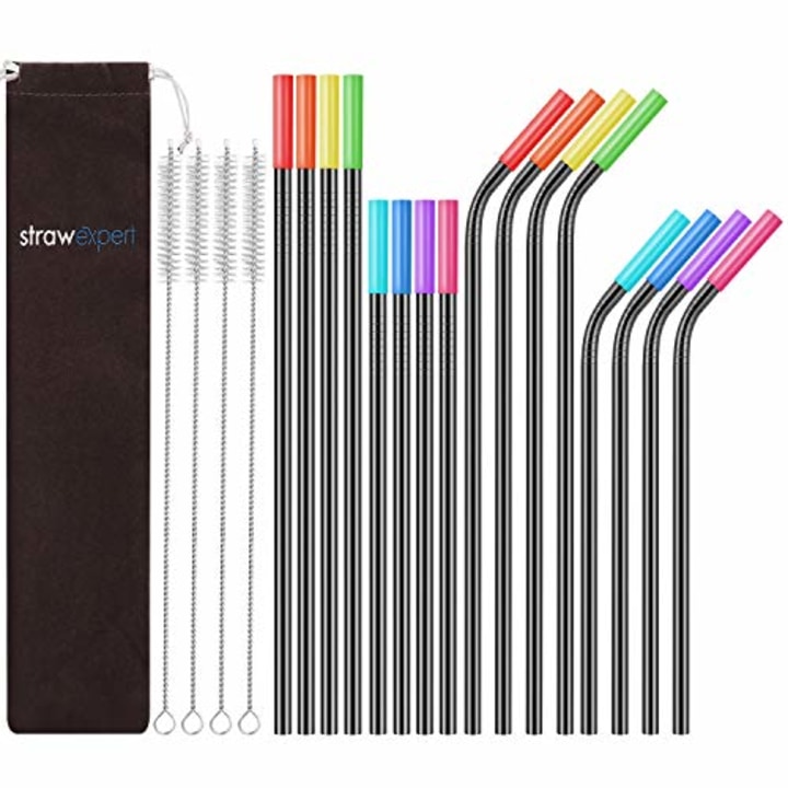StrawExpert 16 Pack Black Reusable Metal Straws