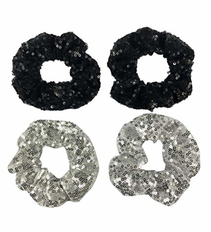 4 Pcs Sequin Hair Scrunchie Hair Bobbles Metallic Elastics Ponytail Holders Hair Wrist Ties Bands Cloth Scrunchies for Show Gym Dance Party Club Girl Women (Black+White)