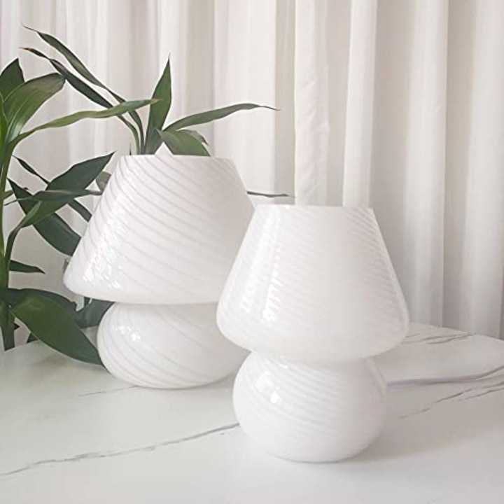 Swirl Mushroom Lamp, Translucent Glass Table Bedside Lamps Italian Style Modern Striped Desk Light for Baby Home Decoration of Dining, Living, Study (Striped White, Mini Dia5.1*H7.1 Inches)