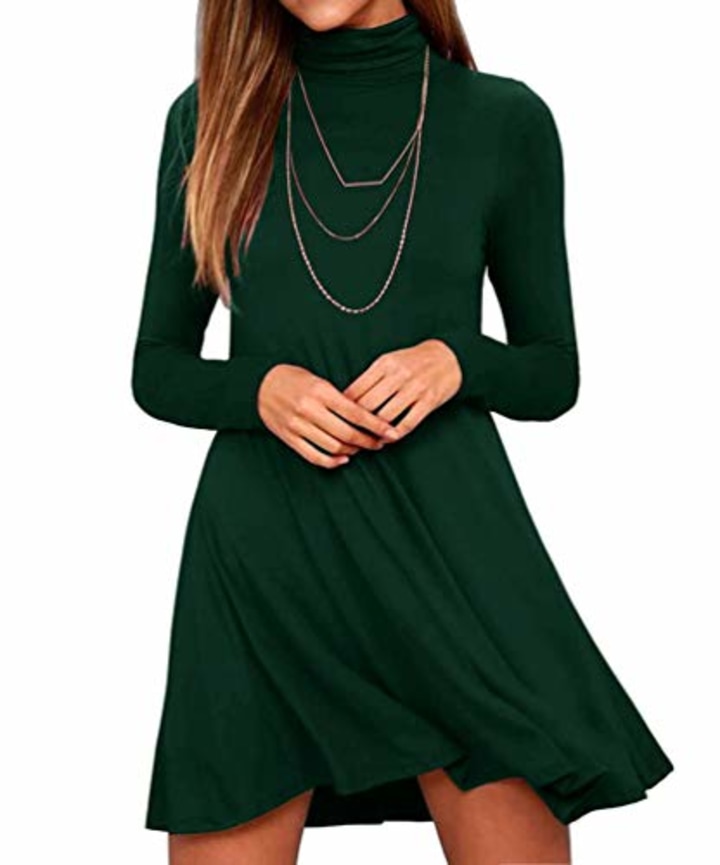 KEEDONE Women Long Sleeve Cocktail Casual Swing Vintage T Shirt Dress (L Dark Green)