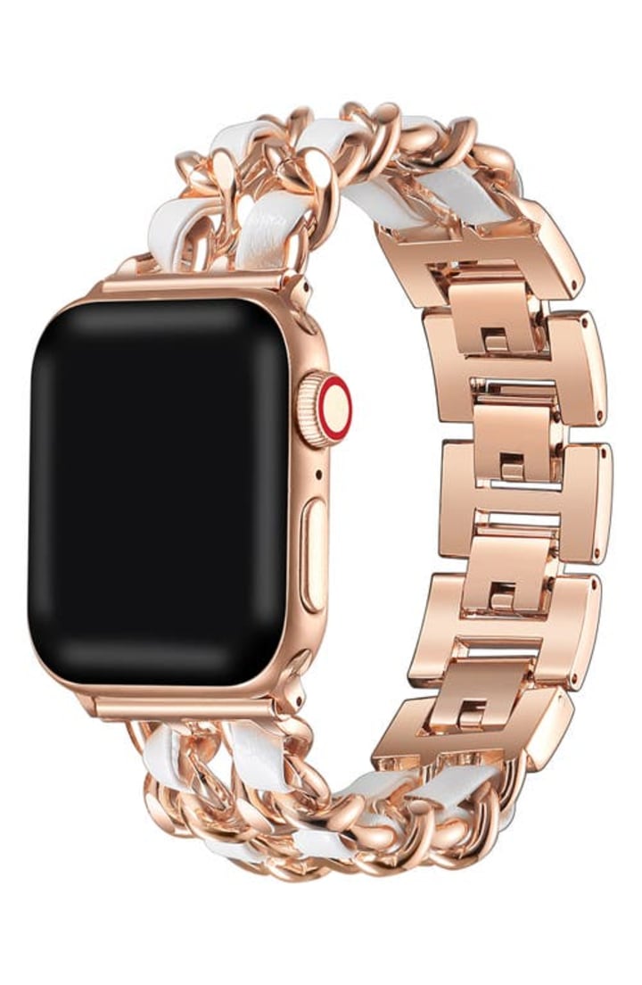 The Posh Tech Leather Woven Chain Apple Watch(R) SE &amp; Series 7/6/5/4/3/2/1 Bracelet Watchband in Rose Gold at Nordstrom, Size 42Mm