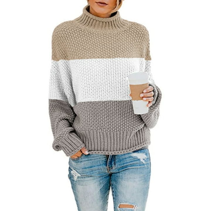 Sidefeel Women&#039;s Chunky Knit Long Sleeve Pullover Shirts Sweater Loose Casual Lounge Tops M 8-10