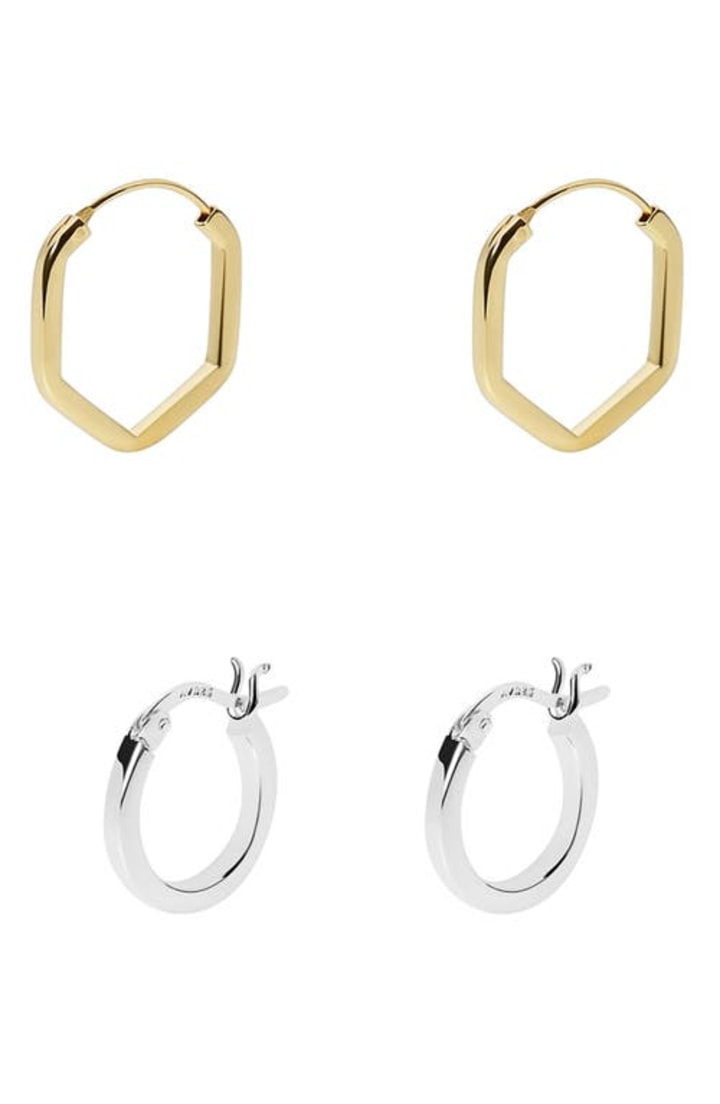 Argento Vivo Sterling Silver Set of 2 Hoop Earrings in Gold/Silver at Nordstrom