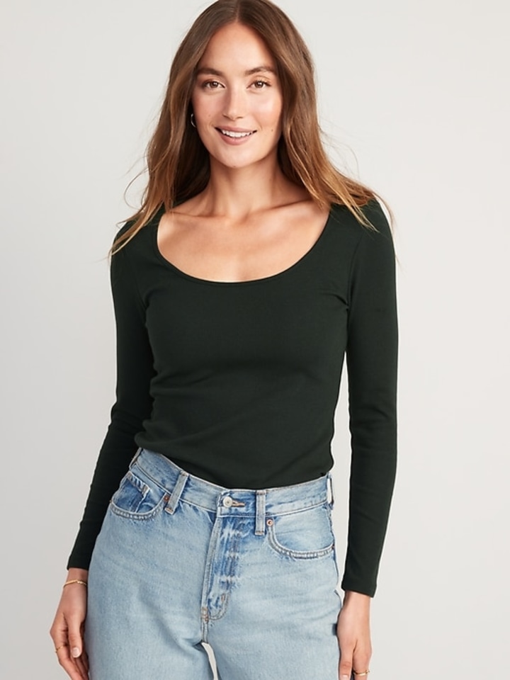 Fitted Long-Sleeve Rib-Knit Top for Women
