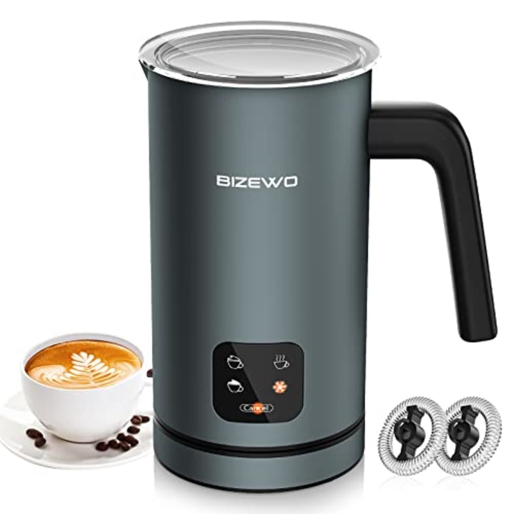 Frother for Coffee, Milk Frother, 4 IN 1 Automatic Warm and Cold Milk Foamer, BIZEWO Stainless Steel Milk Steamer for Latte, Cappuccinos, Macchiato, Hot Chocolate Milk with LED Touch Screen Panel