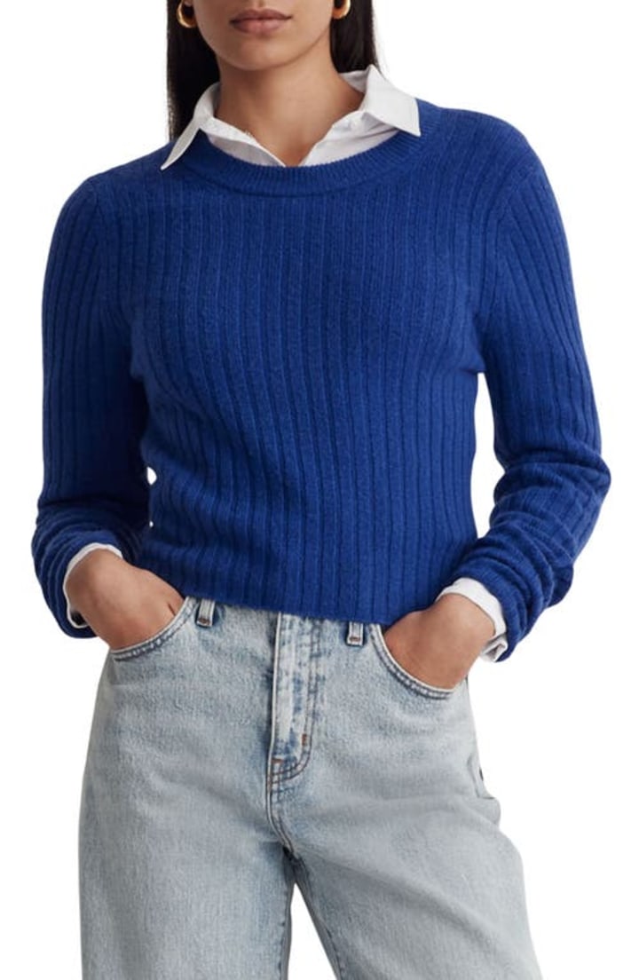 Madewell Readfield Rib Slim Fit Pullover Sweater in Voyage Blue at Nordstrom, Size X-Small