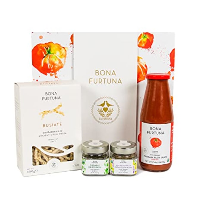 Bona Furtuna Taste of Trapani Organic Italian Food Gift Set with Busiate Pasta, Original Marinara Tomato Sauce, Dried Basil, and Sicilian Herb &amp; Sea Salt Blend