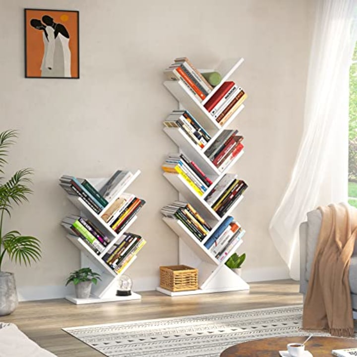 Topfurny Tree Bookshelf, 9-Tier Shelf Rustic Brown Bookcase, Retro Wood Storage Rack for CDs/Movies/Books, Anti-Fall Utility Organizer Shelves for Living Room, Bedroom, Home Office, White