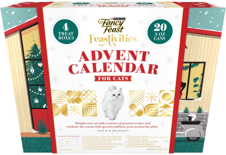 Purina Fancy Feast Gourmet Wet Cat Food &amp;amp; Savory Cravings Cat Treats Advent Calendar Variety Pack, (20) 3 oz. cans, (4) treat boxes