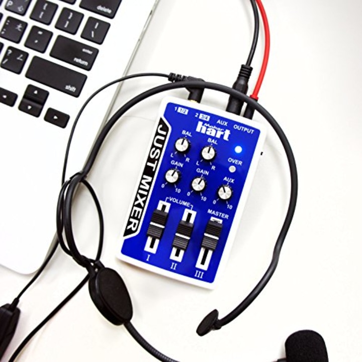JUST MIXER Audio Mixer - Battery/USB Powered Portable Pocket Audio Mixer w/ 3 Stereo Channels (3.5mm) Plus On/Off Switch/Blue
