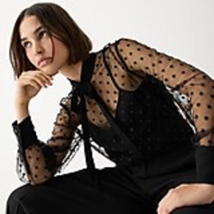 J. Crew Tie-Neck Long-Sleeve Top in Dotted Tulle