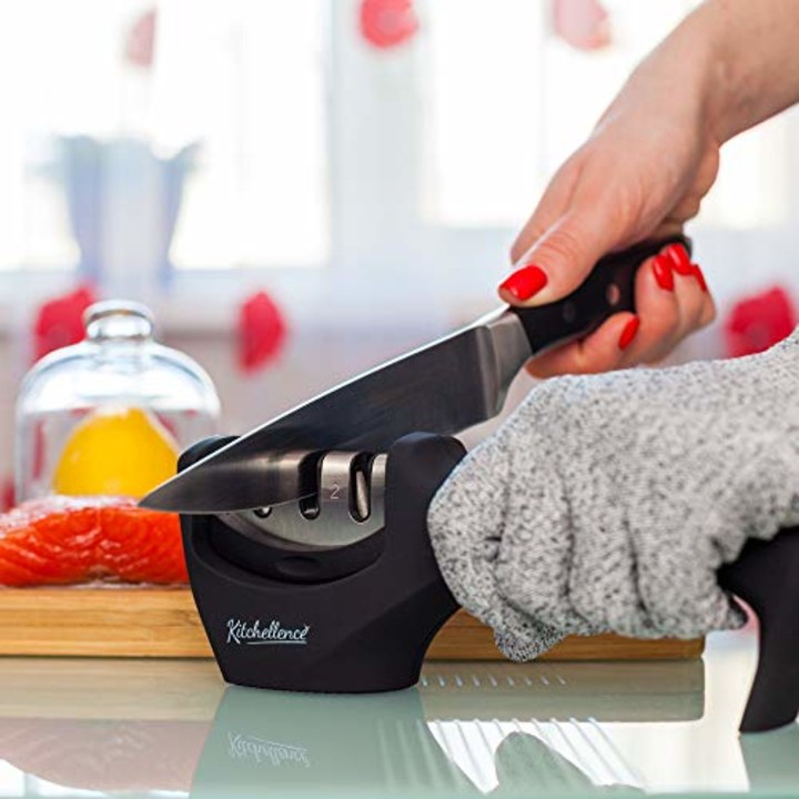 4 in 1 Kitchen Knife Accessories: 3 Stage Knife Sharpener Helps Repair, Restore, Polish Blades and Cut Resistant Glove (Black)