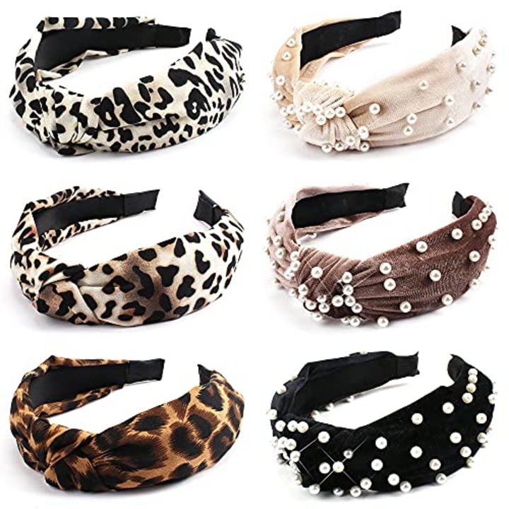 TOBATOBA 6 Pack Women Headbands Wide Dot Bows Turban Headbands for Women, Including 3 Leopard Headbands and 3 Velvet Headbands with Faux Pearl Bow Bandana, Christmas Gifts for Women Girls