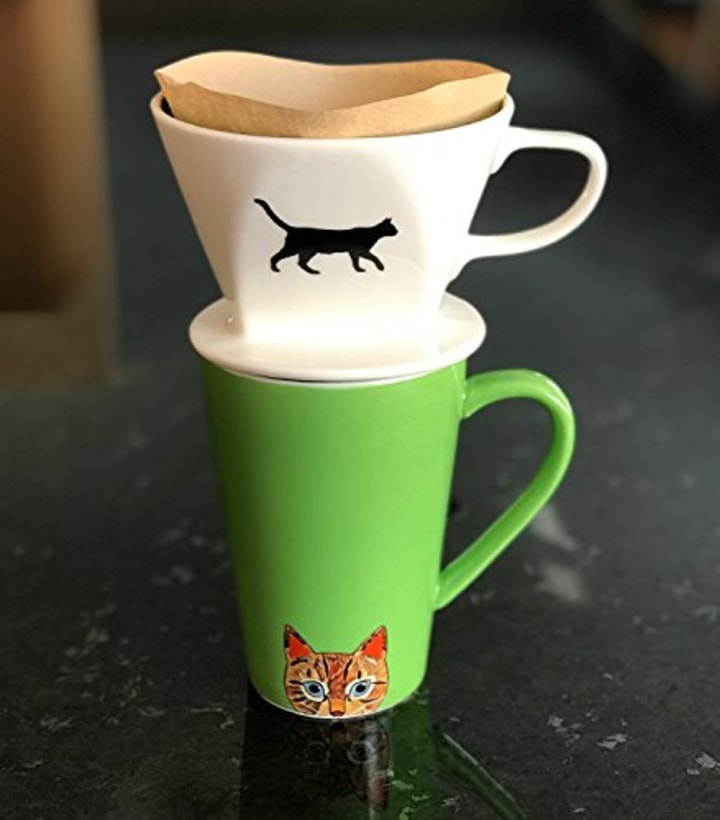 Cat Coffee Pour Over Filter Cone and Ceramic Mug Set Great Cat Lovers Gift by Simply Charmed
