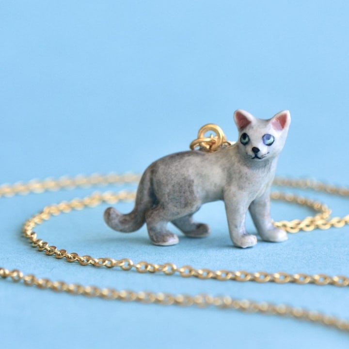 Gray Cat Necklace o Hand-painted Porcelain o Cat Jewelry o Cat Lover o Collectible Gift o Cutest Little Hairball o Cat Mom (AP004)