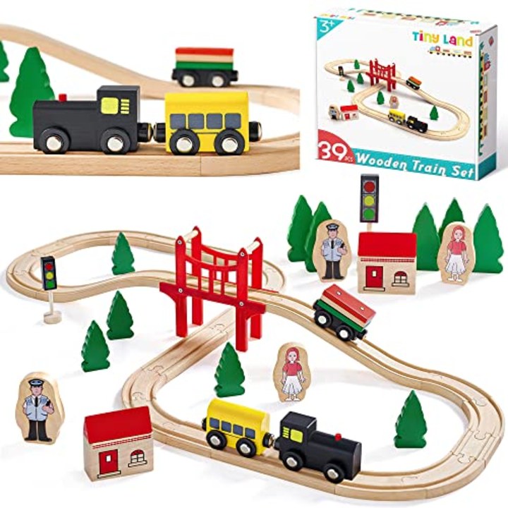 Tiny Land Wooden Train Set for Toddler - 39 Piece- with Wooden Tracks Fits Thomas, Brio, Chuggington, Melissa and Doug- Expandable, Changeable-Train Toy for 3 4 5 Years Old Girls &amp; Boys