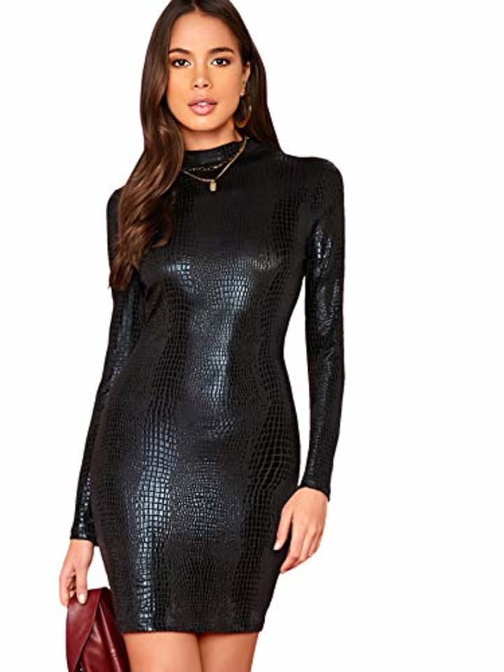 Romwe Women&#039;s Elegant Long Sleeve Crocodile Print Mock Neck Slim Fit Party Bodycon Mini Dress Black X-Large