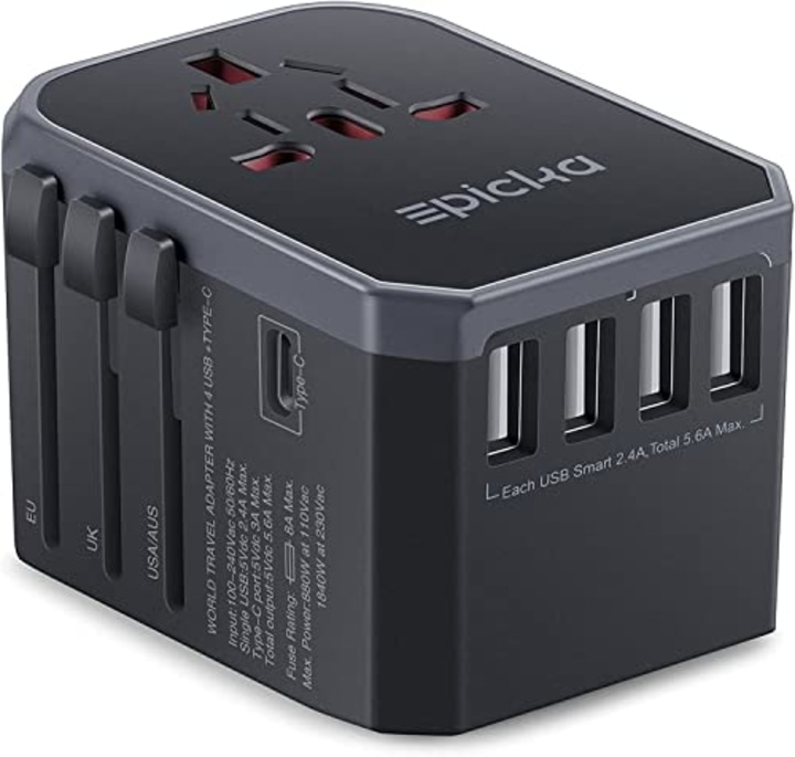 EPICKA Universal Travel Adapter One International Wall Charger AC Plug Adaptor with 5.6A Smart Power and 3.0A USB Type-C for USA EU UK AUS ( Grey )