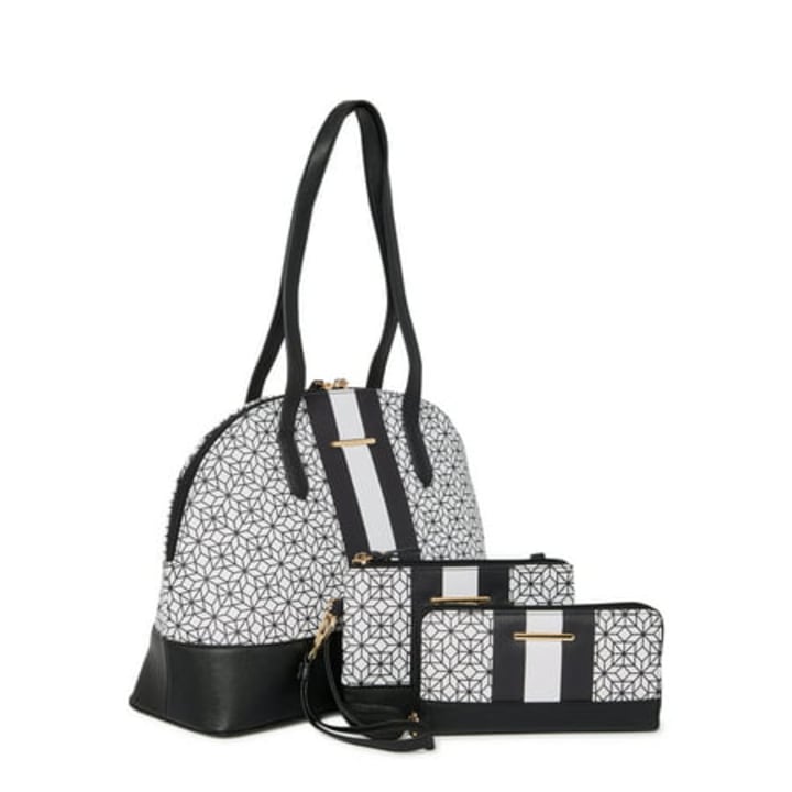 Time and Tru Women's 3 in 1 Satchel Bag Set of 3 Black Geometric