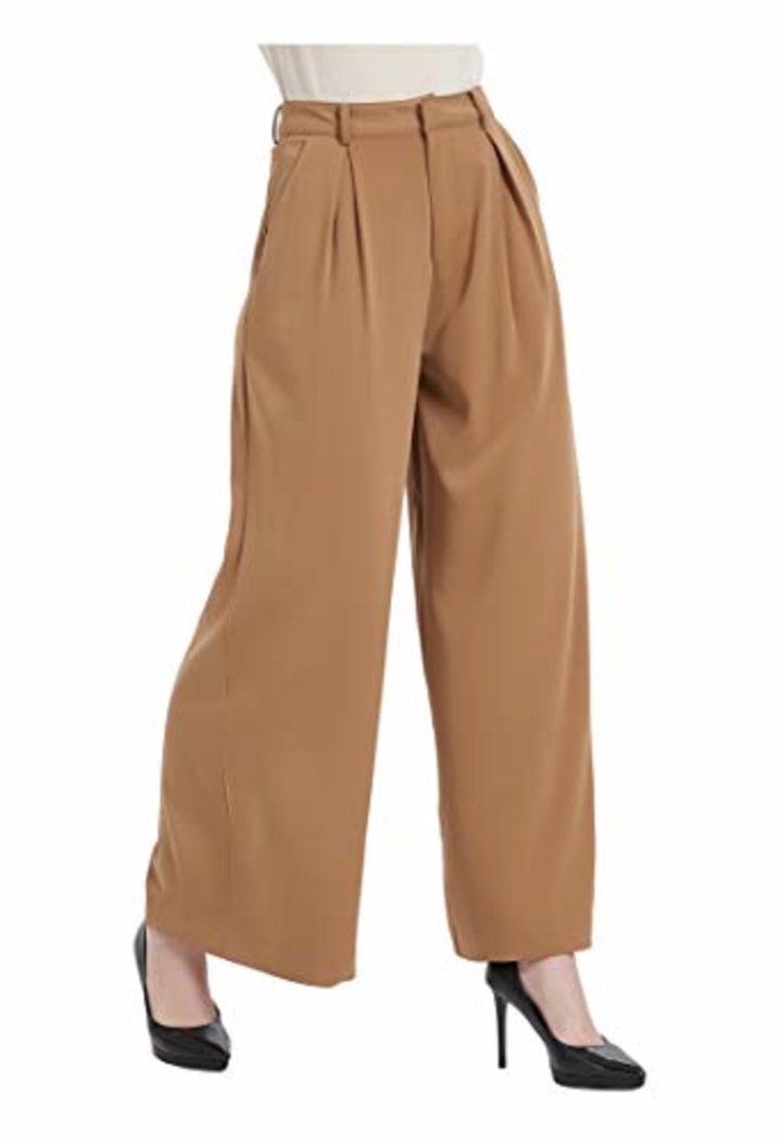 Tronjori Women High Waist Casual Wide Leg Long Palazzo Pants Trousers Regular Size(XL, Camel)
