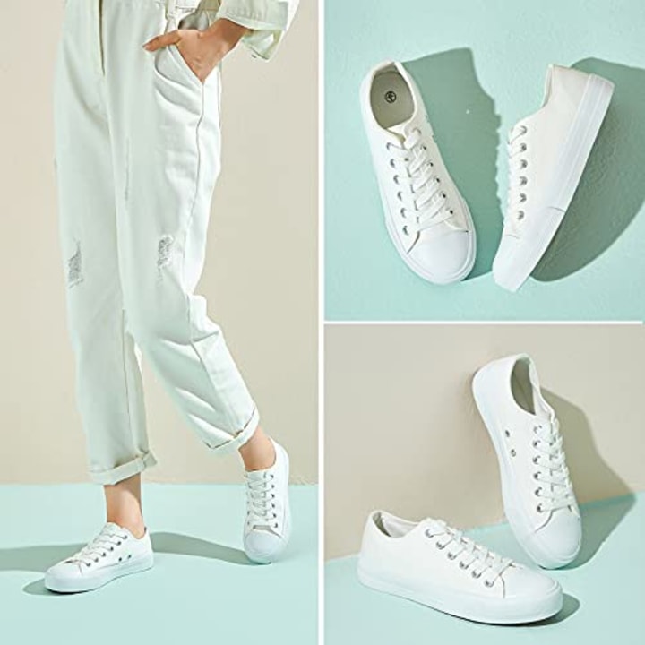 White Sneakers for Women Low Top Canvas Shoes Womens Canvas Sneakers Women's Fashion Sneakers Slip on Casual Tennis Shoes(White Mono.US10)