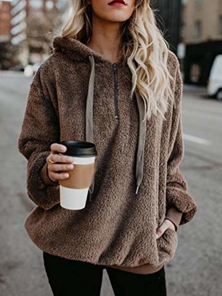 American Trends Oversized Sweatshirts for Women Athletic Womens Sherpa Hoodie Fluffy Women&#039;s Hoodies Pullover with Pockets Brown Small