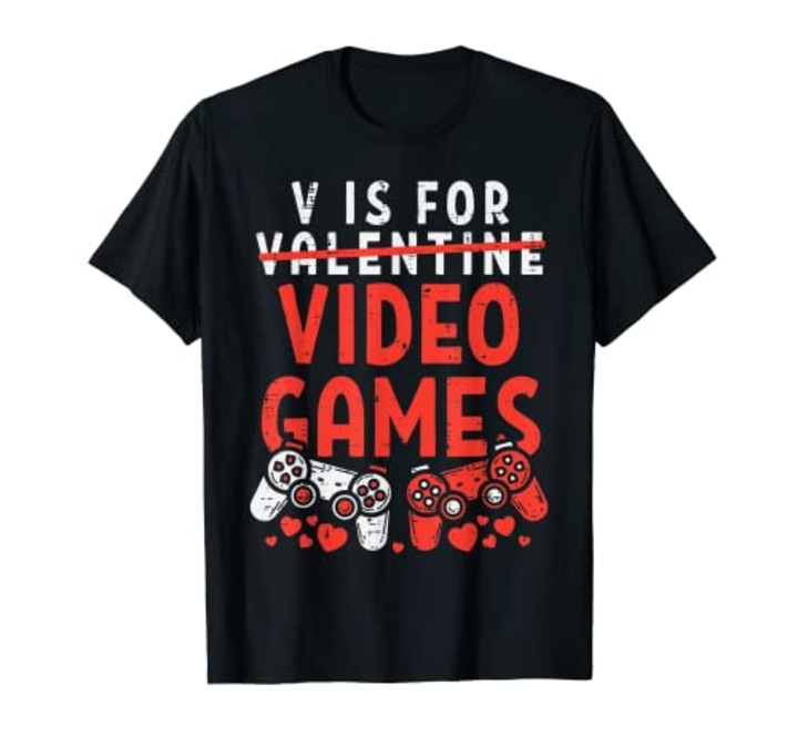 V Is For Video Games Funny Valentines Day Gamer Boy Men Gift T-Shirt