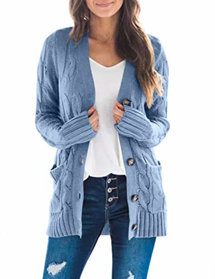 MEROKEETY Women&#039;s Long Sleeve Cable Knit Sweater Open Front Cardigan Button Loose Outerwear Blue