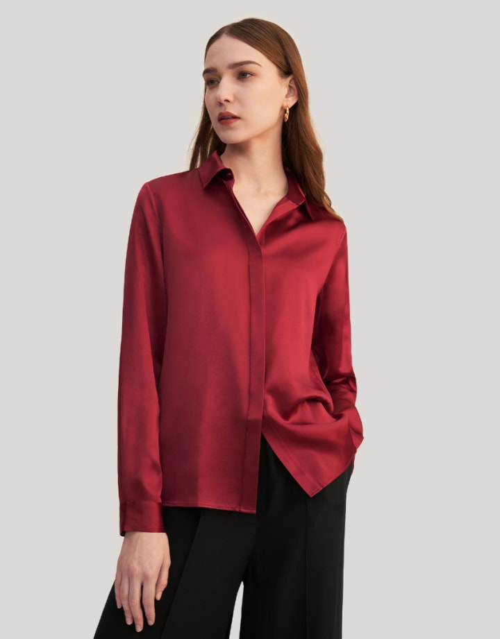 Basic Concealed Placket Women Silk Shirt