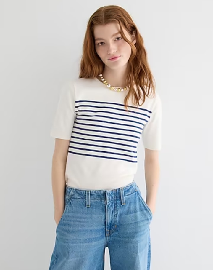Perfect-Fit Elbow-Sleeve T-shirt in Stripe