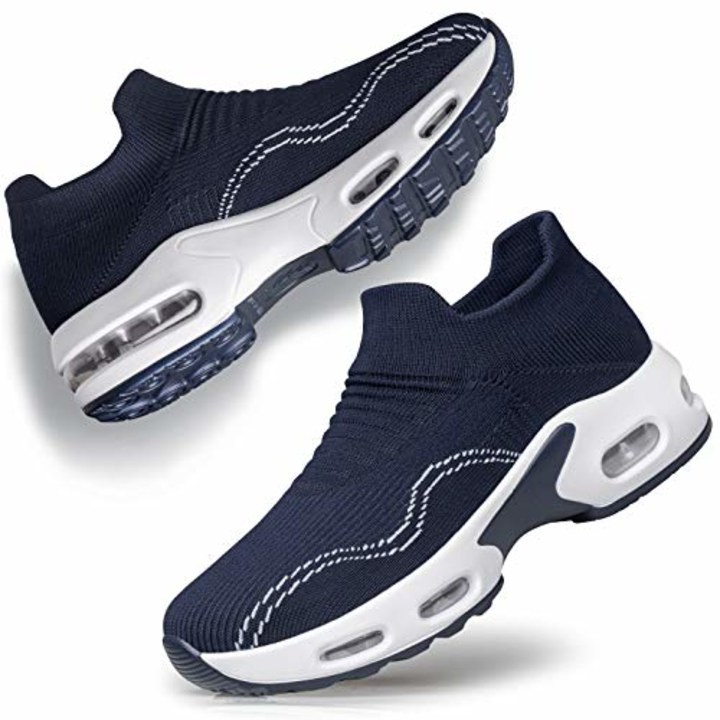 DOUSSPRT Womens Walking Shoes Slip on Sock Sneakers Mesh Air Cushion Platform Loafers Fashion Casual Blue US Size 7 7.5