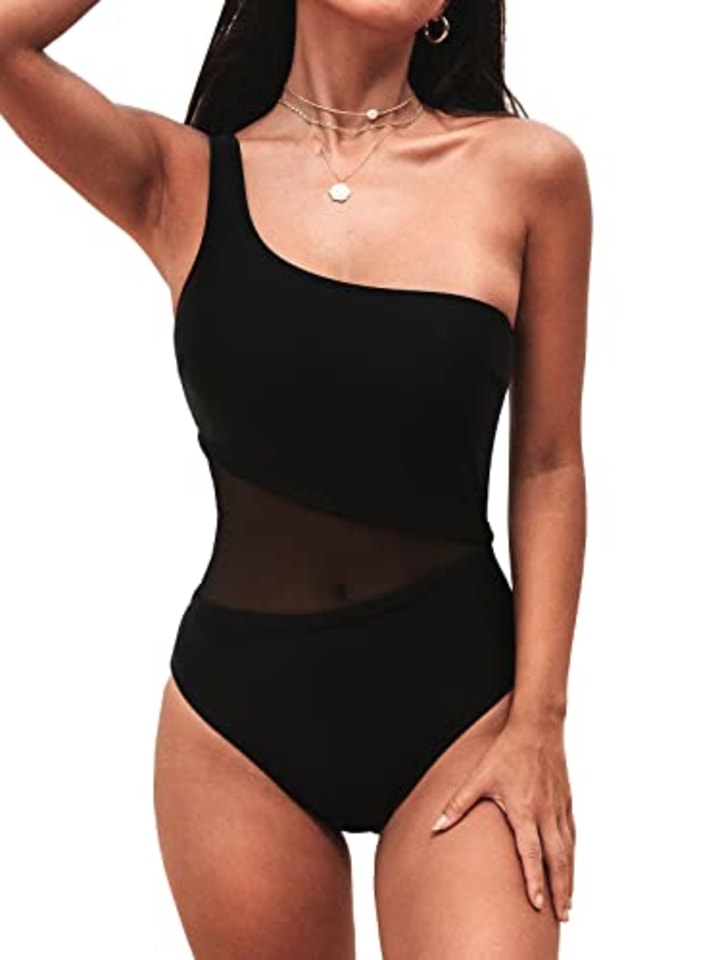 CUPSHE Women One Piece Swimsuit One Shoulder Wide Straps Middle Cut Mesh Bathing Suit,M Black